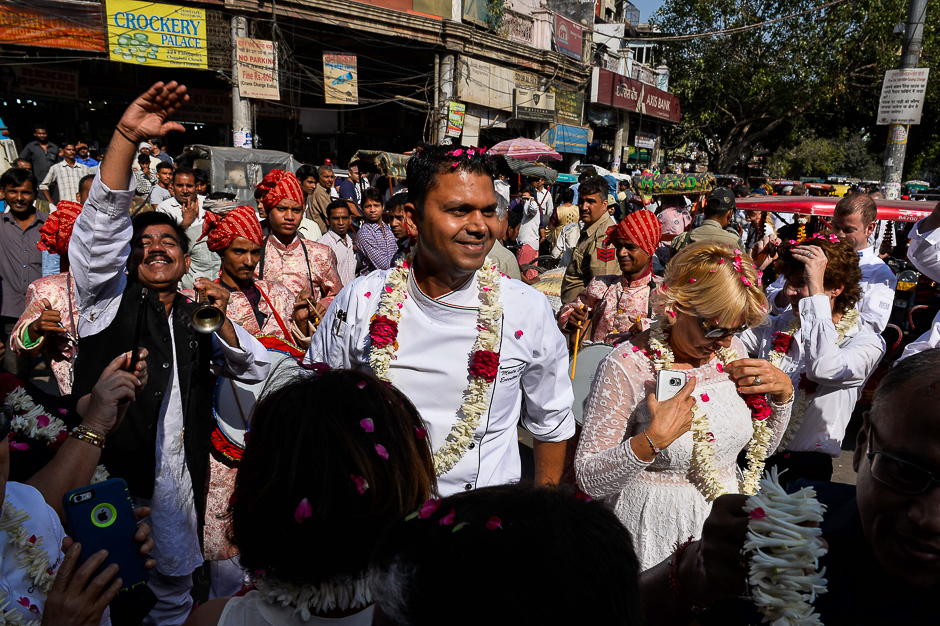 Chef of the President of the Republic of India, Montu Saini, looks on as he walks with other chefs to various heads of state as they visit the spice market in the old quarters of New Delhi. PHOTO: AFP
