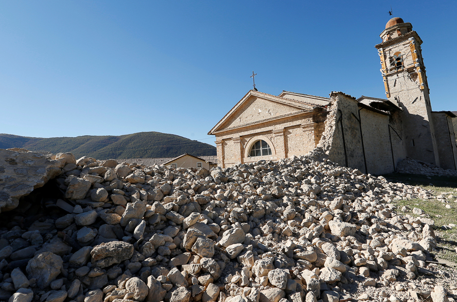 The church of the Madonna of the Angels is seen partially collapsed following an earthquake along the road to Norcia, Italy. PHOTO: REUTERS