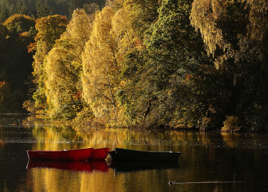 Moored boats are seen on Loch Faskally, as autumn leaves are reflected in the water in Pitlochry, Scotland, on October 18. PHOTO: REUTERS