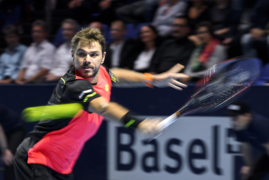 Switzerland's Stan Wawrinka returns the ball during a tennis match at the Swiss Indoors tournament on October 25, 2016 in Basel. PHOTO: AFP