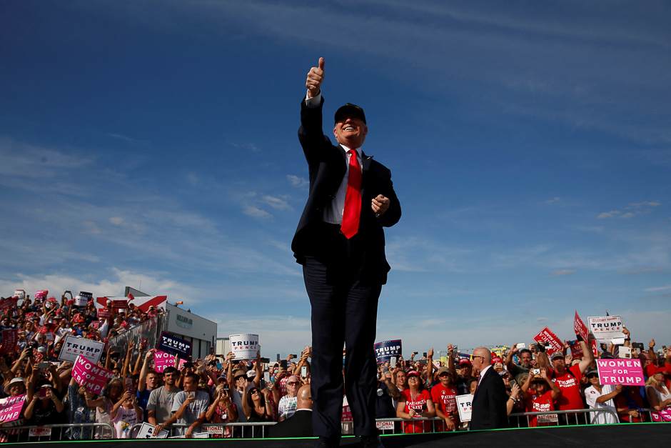 Republican US presidential nominee Donald Trump rallies with supporters at the Million Air Orlando airplane hangar in Sanford, Florida, US. PHOTO: REUTERS