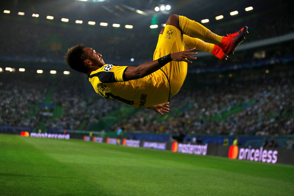 Borussia Dortmund's Pierre-Emerick Aubameyang celebrates his goal against Sporting. PHOTO: REUTERS