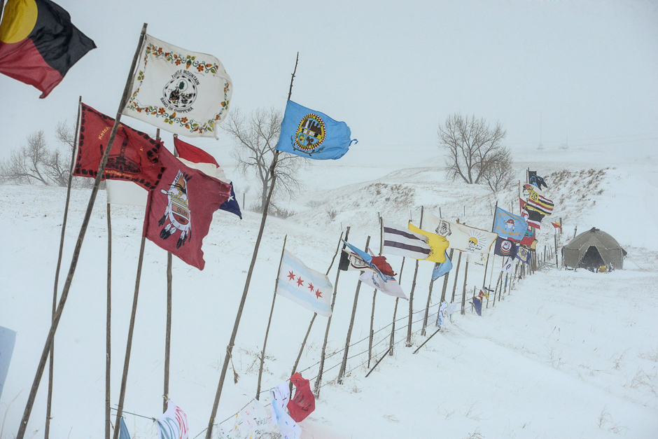 The Oceti Sakowin camp is seen in a snowstorm during a protest against plans to pass the Dakota Access pipeline near the Standing Rock Indian Reservation, near Cannon Ball, North Dakota, US. PHOTO: REUTERS