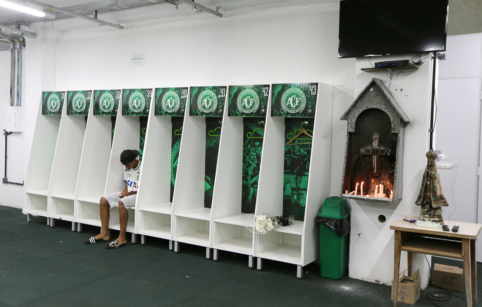 Leandro Bastos of Chapecoense's under-15 soccer team sits inside the team's locker room at the Arena Conda stadium in Chapeco, Brazil. PHOTO: REUTERS