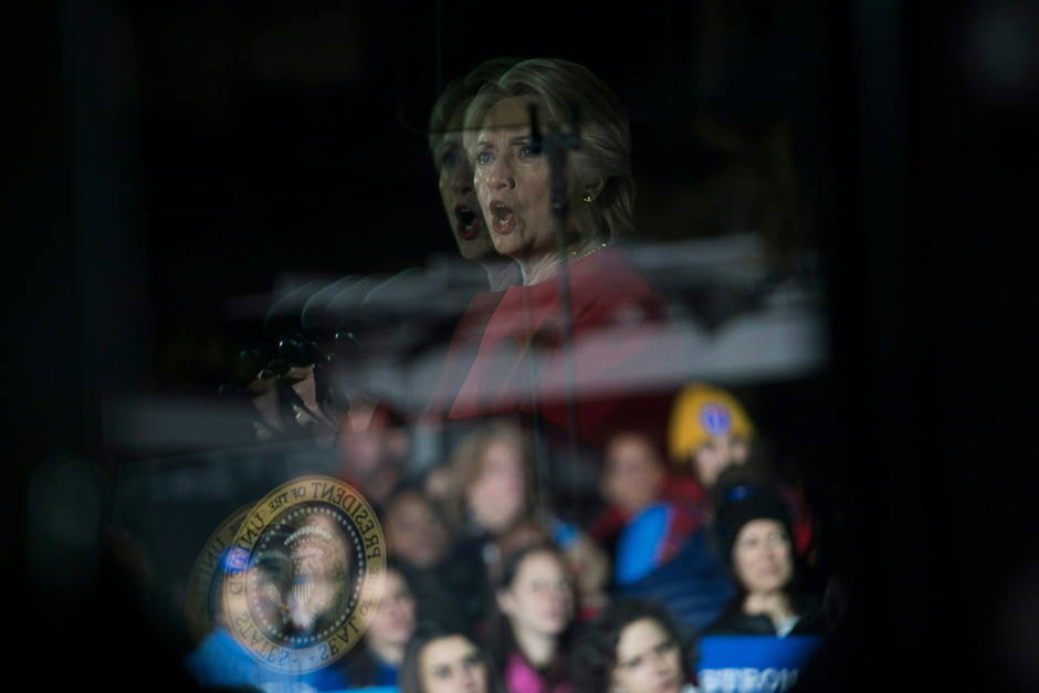 Hillary Clinton is reflected in a tele prompter during a rally on the Independence Mall in Philadelphia, Pennsylvania. PHOTO: AFP