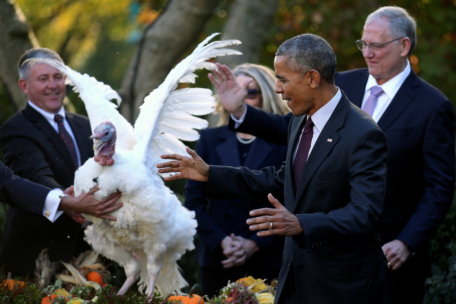 US President Barack Obama reacts after pardoning the National Thanksgiving turkey during the 69th annual presentation of the turkey in the Rose Garden of the White House in Washington, US. PHOTO: REUTERS