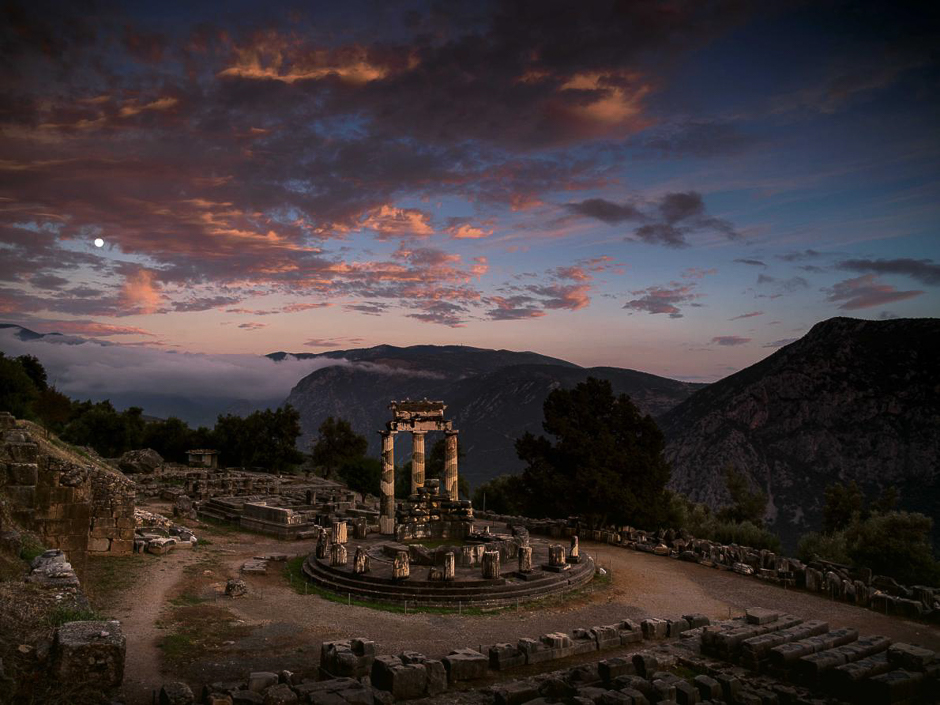 Twilight bathes the sanctuary of Athena Pronaia at Delphi. Pilgrims in ancient Greece may have offered sacrifices here before consulting the oracle of Delphi. PHOTO: VINCENT J. MUSI/NATIONAL GEOGRAPHIC