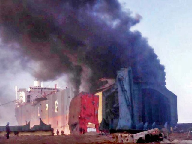 The fire broke out in a dismantled ship in Gadani on Thursday. PHOTO: ONLINE 