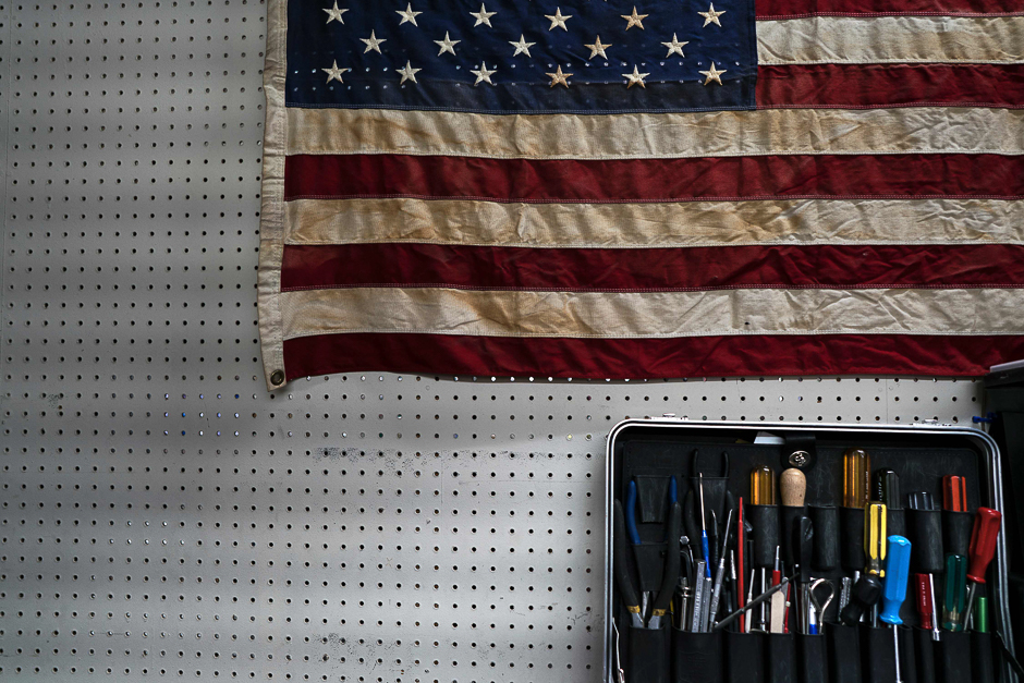 Tools and an American flag are seen at Video Amusements and Pinball Repairs in Suitland, Maryland. PHOTO: AFP
