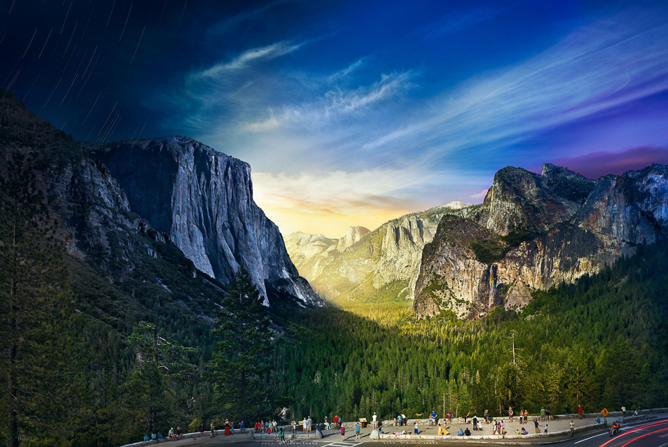 On a mountainside in Yosemite National Park, photographer Stephen Wilkes took 1,036 images over 26 hours to create this day-to-night composite. PHOTO: STEPHEN WILKES/NATIONAL GEOGRAPHIC