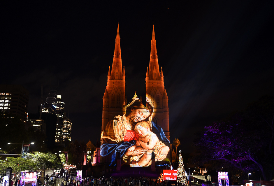 St Mary's Cathedral is illuminated with a Christmas-themed projection in Sydney to celebrate the Christmas season. PHOTO: AFP