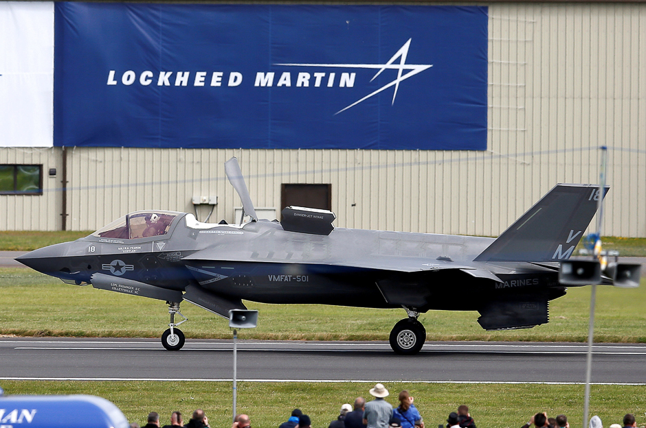 A US Marine Corps Lockheed Martin F-35B fighter jet taxis after landing at the Royal International Air Tattoo at Fairford, Britain. PHOTO: REUTERS