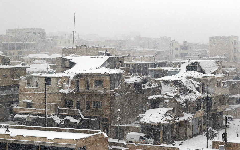A picture shows ruins covered in snow in the town of Maaret al-Numan, in Syria's northern province of Idlib. PHOTO: AFP