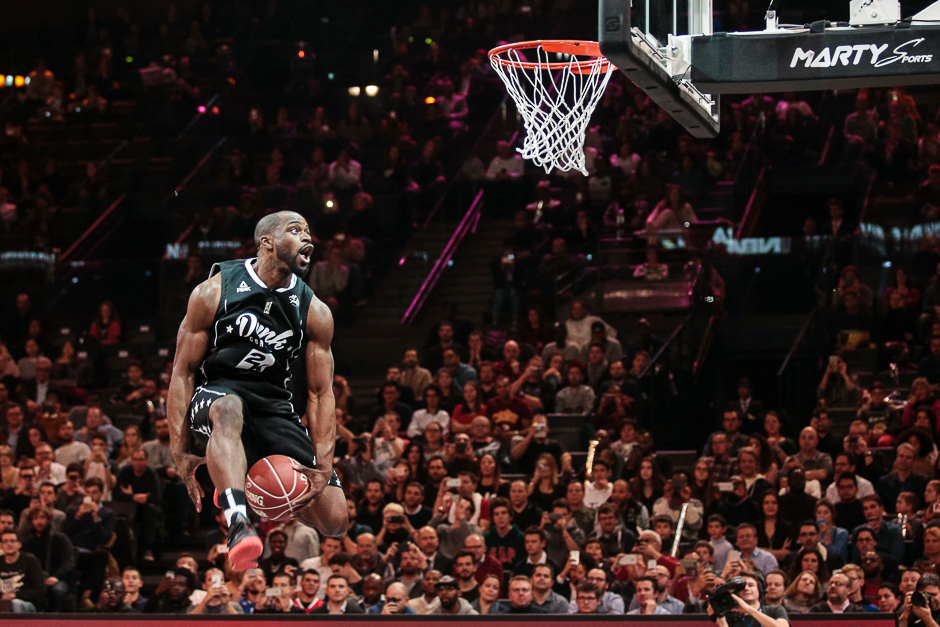 France's Jeremy Nzeulie jumps to score during the dunk contest of an All Star Game basketball match of the French Ligue Nationale de Basket (LNB) between a selection of the best international players from the Pro A league against a selection of the best French players, at the Accor Hotels Arena, in Paris. PHOTO: AFP