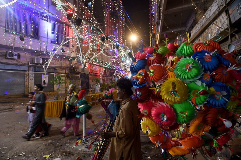 A street is illuminated with colourful lights in Karachi. PHOTO: AFP