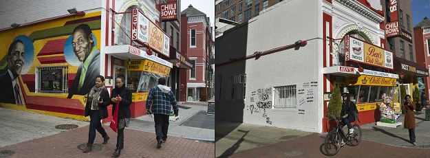 This combination of pictures created on January 26, 2017 shows a file photo taken on December 4, 2014 shows people walking past a mural of US President Barack Obama(L) and comedian Bill Cosby painted on the side of Ben's Chili Bowl in Washington, DC. PHOTO: AFP