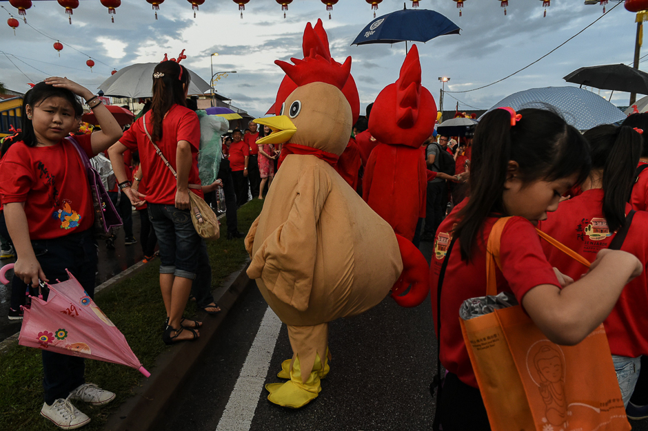 A Malaysian-Chinese boy (C) wears a rooster costume during the opening ceremony of the Lantern and Flora Festival ahead of the upcoming Lunar New Year celebrations at Fo Guang Shan Dong Zen Buddhist Temple in Jenjarom, west of Kuala Lumpur. PHOTO: AFP