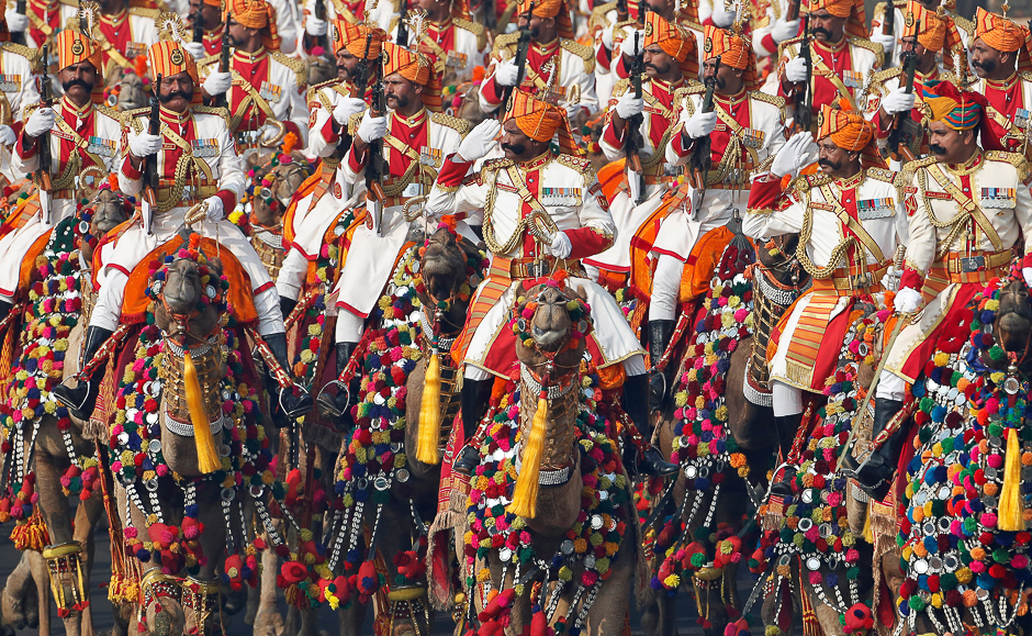 Soldiers on camels take part in a rehearsal for India's Republic Day parade in New Delhi, India. PHOTO: REUTERS