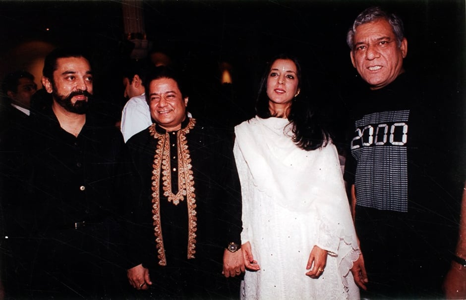 Film star Kamal Hassan, Anup Jalota, ? and Om Puri. Express archive photo