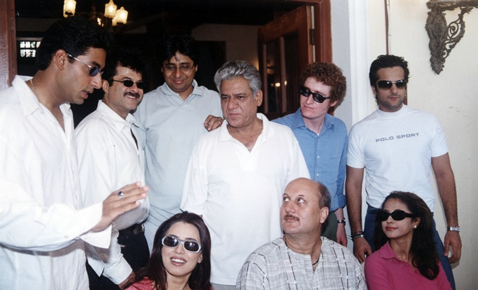 Film star Abhishek Bachchan, Anil Kapoor, Vashu Bhagnani, Om Puri, ?, Fardeen Khan, Mahima Chaudhary, Anupam Kher and Urmila Matondkar on the set of film OM JAI JAGDISH. Express archive photo