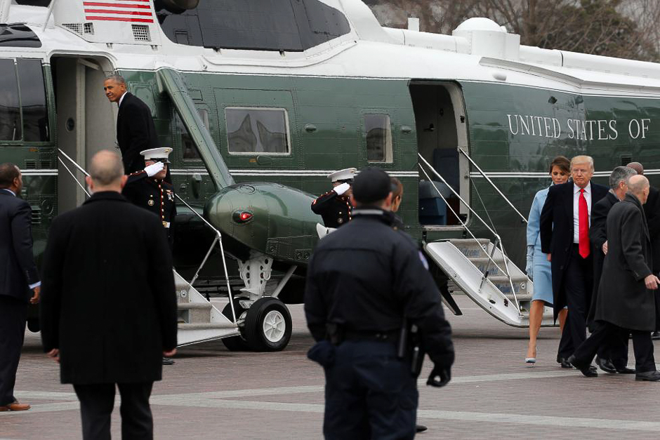 Outgoing President Obama departs following President Trump's inauguration. 