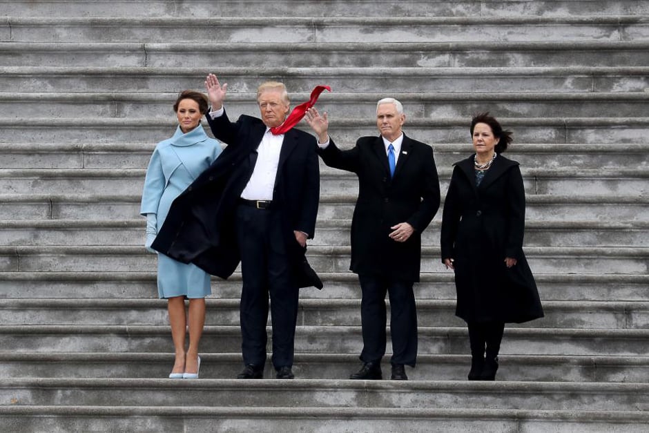 First Lady Melania Trump, President Donald Trump, Vice President Mike Pence and Karen Pence wave goodbye to Barack and Michelle Obama. PHOTO: REUTERS