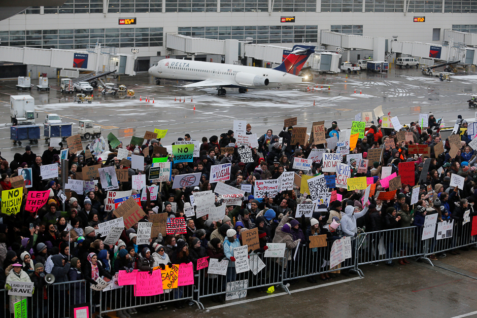 People protest at Detroit Metropoliton Airport in Romulus, Michigan, US. PHOTO: REUTERS