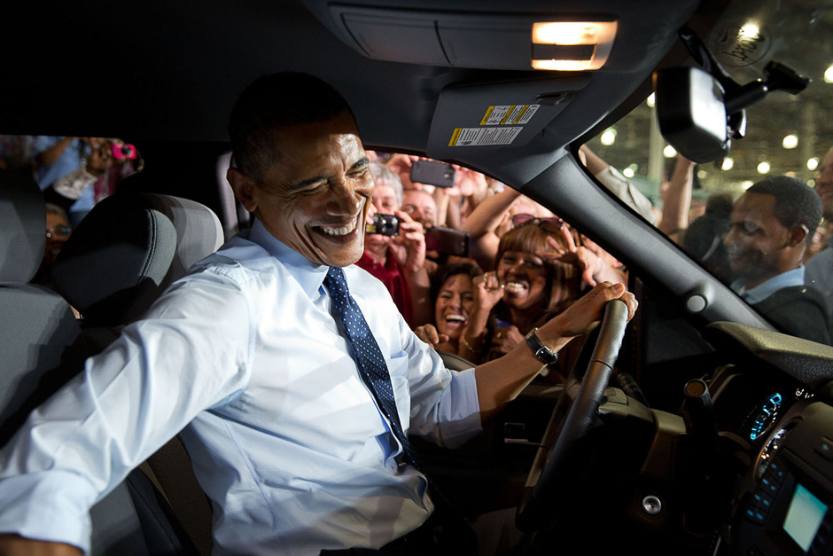 The President reacts before leaving after delivering remarks on the economy at the Ford Kansas City Stamping Plant in Liberty, Missouri, on September 20, 2013. PHOTO: PETE SOUZA
