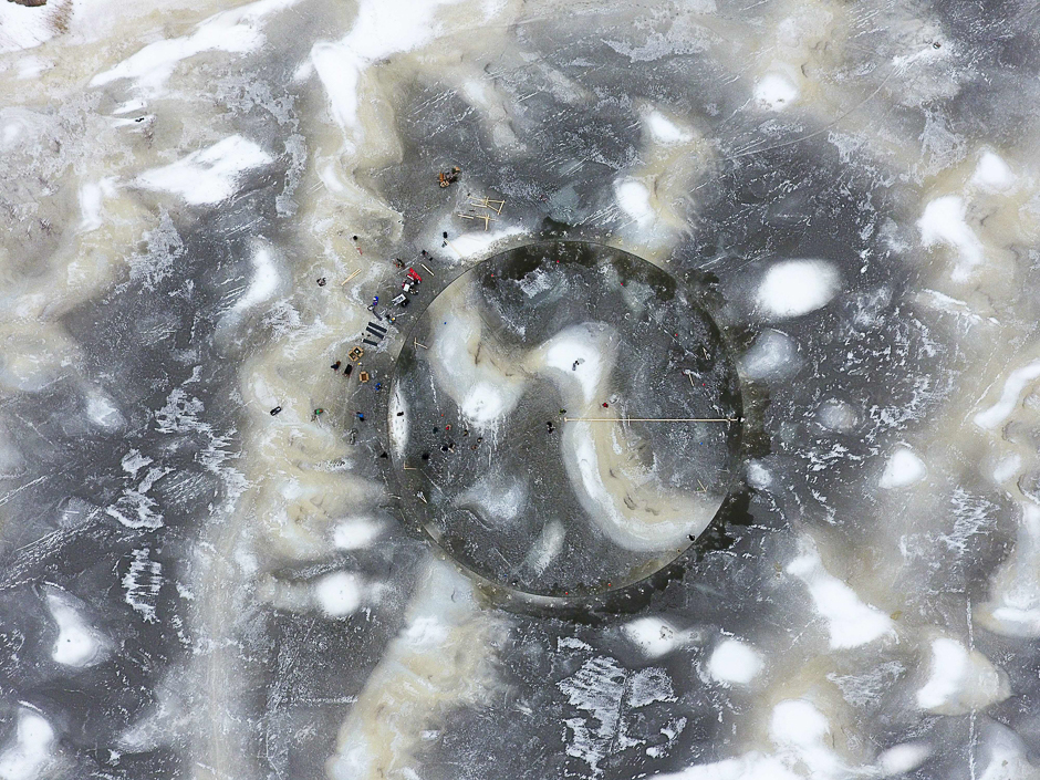 This picture at Vanhankaupunginlahti bay in Helsinki shows an aerial view of a floating carousel cut in ice. PHOTO: AFP