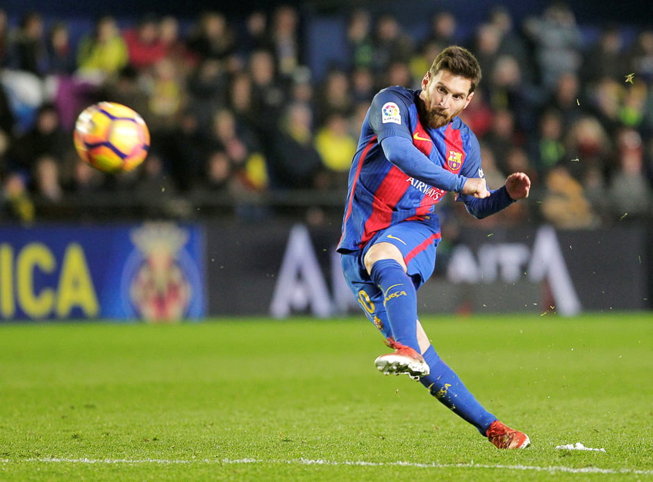 Barcelona's Lionel Messi shoots to score during a match with Vilarreal, Spanish Liga, Ceramic Stadium, Spain. PHOTO: REUTERS