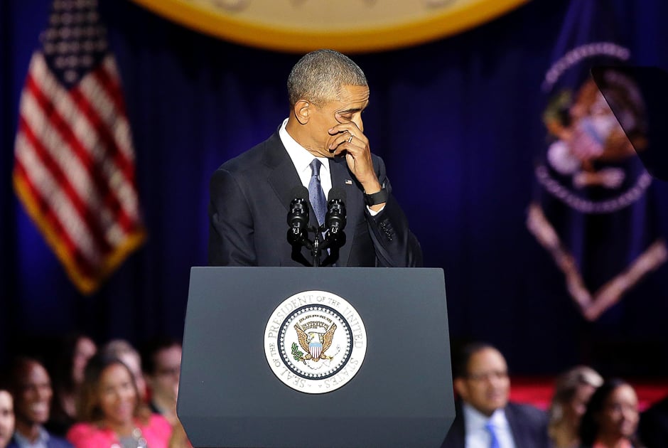 US President Barack Obama cries as he speaks during his farewell address in Chicago, Illinois on January 10, 2017. PHOTO: AFP