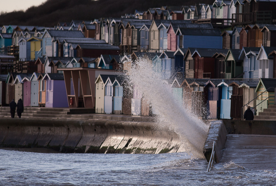 Waves smash into the barrier along the promenade at high tide at Walton-on-the-Naze, in southeast England. PHOTO: AFP