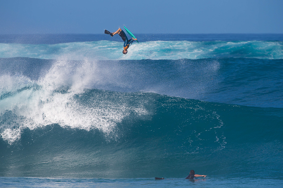 A bodyboarder is going airborne on a perfect Pipeline wave day on the North Shore of Oahu Island in Hawa. PHOTO: AFP