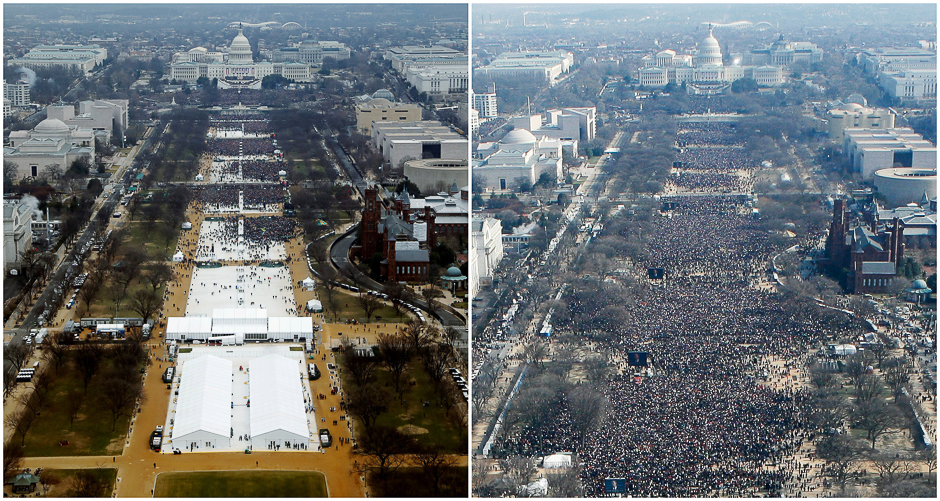 A combination of photos taken at the National Mall shows the crowds attending the inauguration ceremonies to swear in US President Donald Trump at 12:01pm (L) on January 20, 2017 and President Barack Obama at 1:27pm on January 20, 2009, in Washington, US. PHOTO: REUTERS