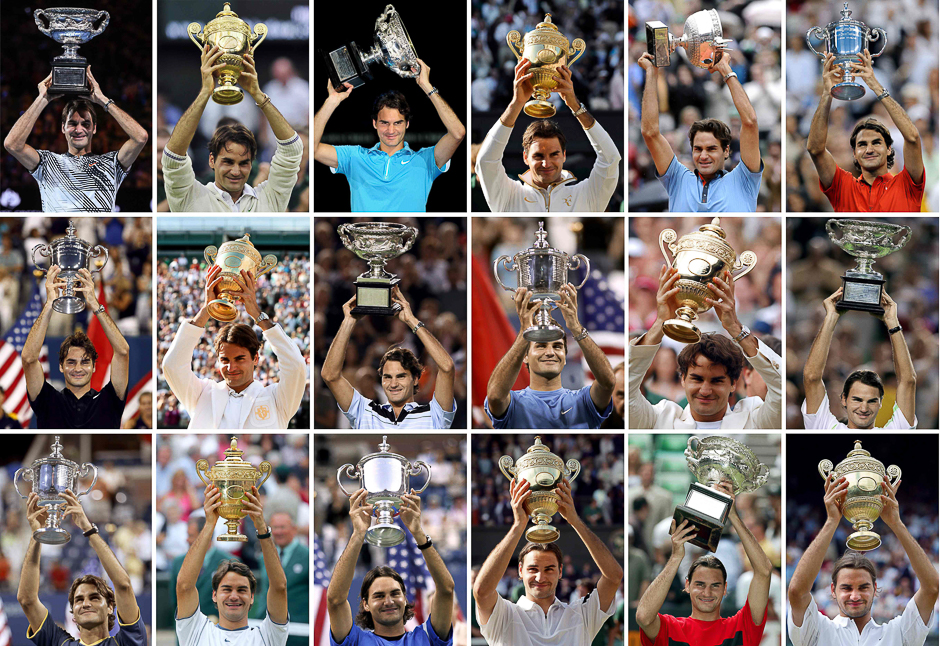 This combination of pictures created on January 29, 2017 shows Switzerland's tennis player Roger Federer holding up his 18 Grand Slam titles. PHOTO: AFP