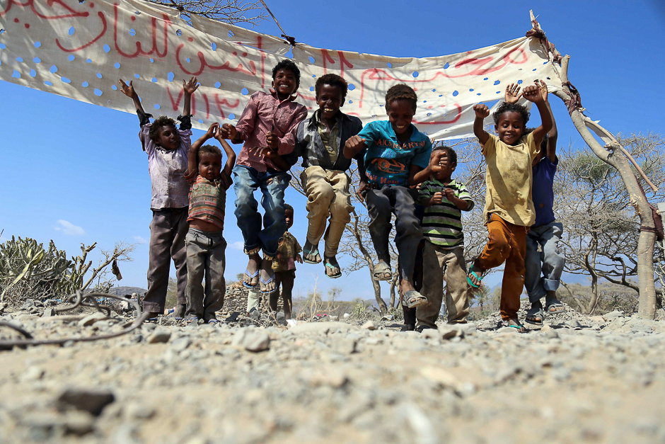 Yemeni children play in a camp for internally displaced people on the outskirts of the southern city of Taez. PHOTO: AFP