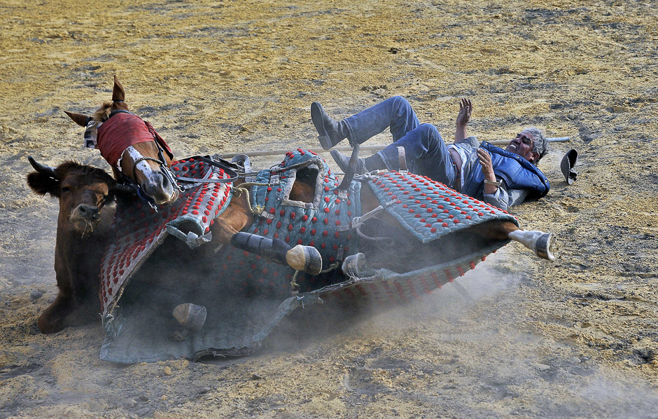 Colombian picador Cayetano Romero is thrown from his horse by a bull during a bullfighting training session at the Mondo edo's fighting bulls ranch La Holanda, the oldest in the country, in the municipality of Mosquera, on the outskirts of Bogota, Colombia. PHOTO: AFP