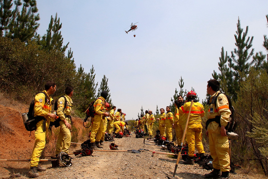 Portuguese firefighters take a break as they attend to help to extinguish wildfires in the country's central-south regions, in San Javier, Chile. PHOTO: REUTERS