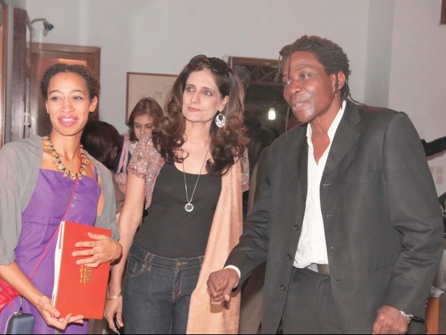 Kadiatou Diallo (in purple) curated the show. She is pictured here with Amina Afzal and artist Lionel Manga (frp, Douala). PHOTOS: NEFER SEHGAL/EXPRESS 