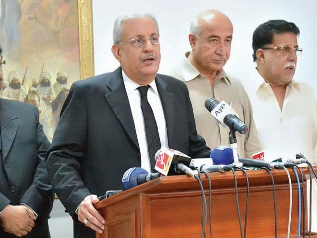 Senator Raza Rabbani addressing the media after meeting Chief Minister Balochistan Dr Malik Baloch. PHOTO: APP