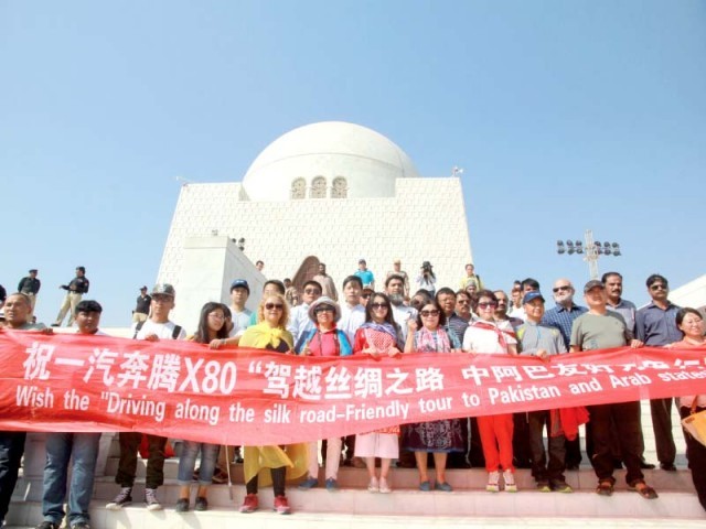The China-Pakistan Friendship Car Rally with 52 Chinese participants reached Quaid-i-Azam’s Mausoleum on Saturday.  PHOTO: ATHAR KHAN/EXPRESS
