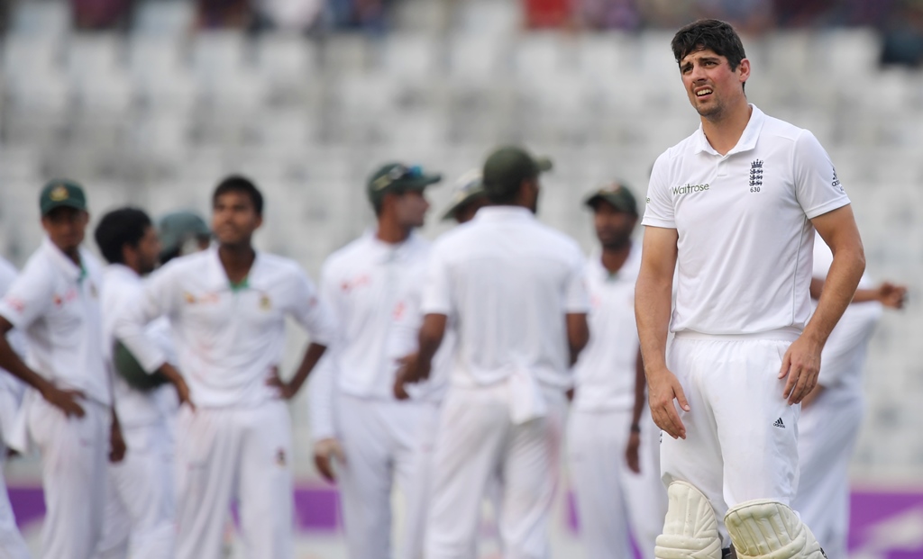 england test captain alastair cook looks on during the second test against bangladesh photo afp