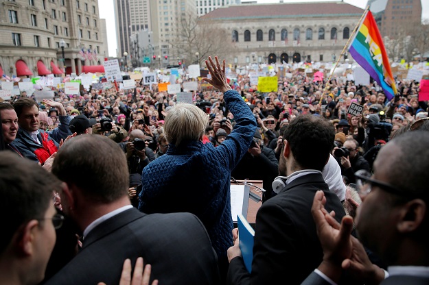 US Senator Elizabeth Warren speaks to a crowd in Boston protesting Donald Trump's travel ban. PHOTO: REUTERS