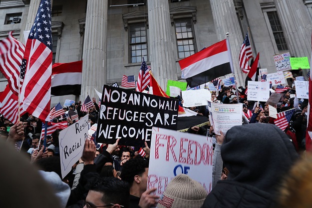 Yemenis and supporters protest against President Donald Trump's executive order temporarily banning immigrants and refugees from seven Muslim-majority countries, including Yemen on February 2, 2017 in the Brooklyn borough of New York City. PHOTO: AFP