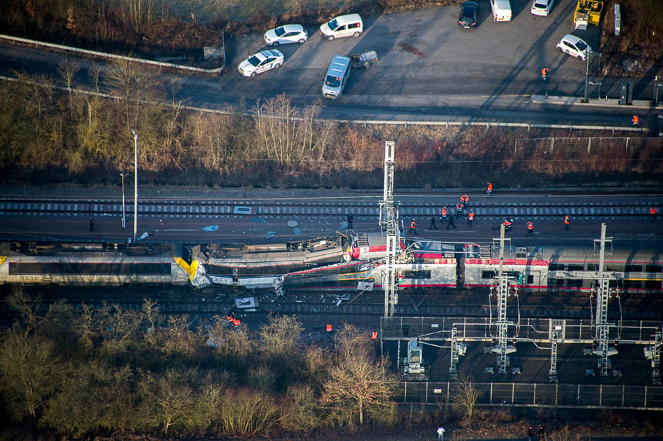 Aerial view of the wreckage of a passenger and freight train after a crash near Bettembourg, Luxembourg. PHOTO: REUTERS