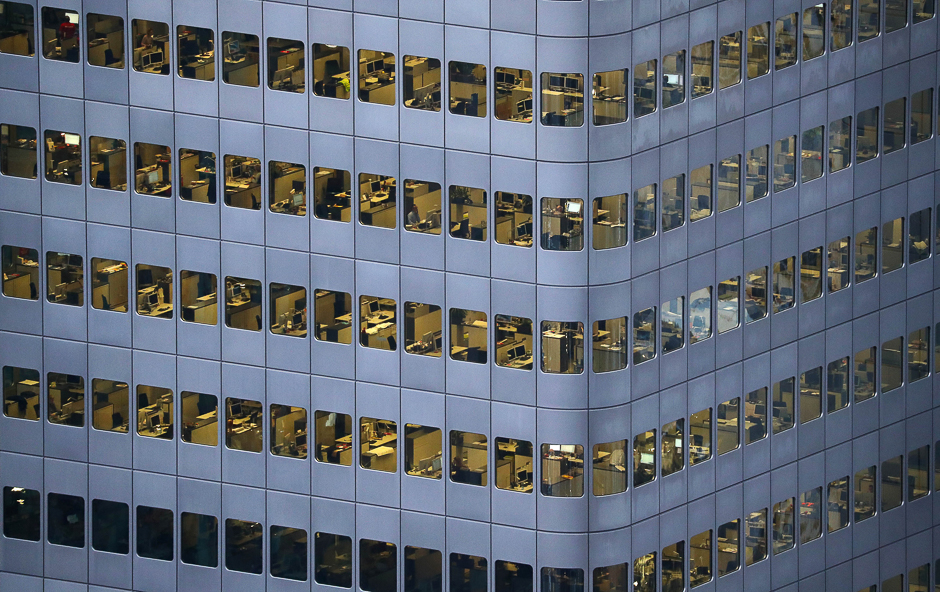 An office building is photographed from a tourist platform early evening in Frankfurt, Germany. PHOTO: REUTERS