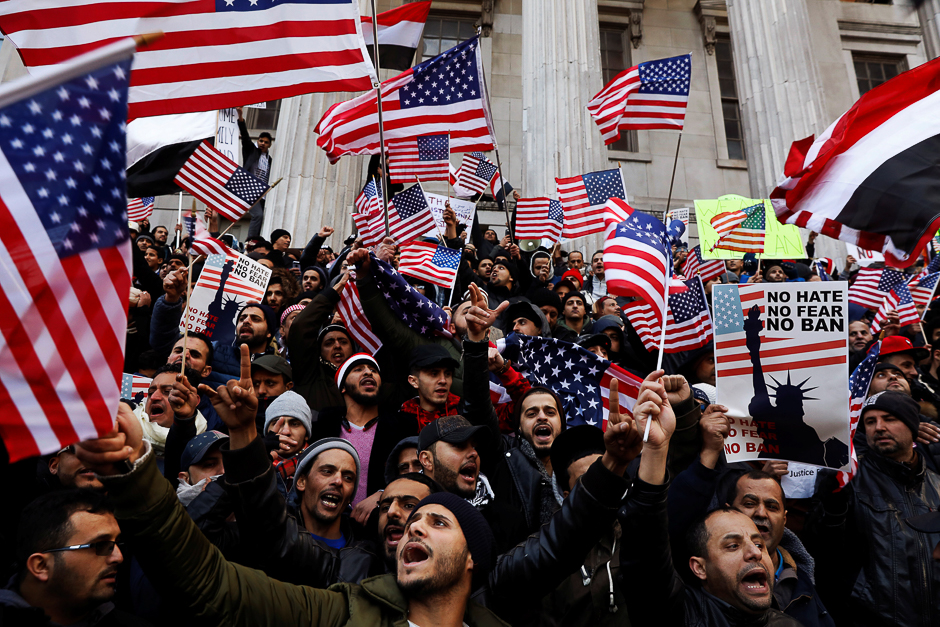 Demonstrators participate in a protest by the Yemeni community against US President Donald Trump's travel ban in the Brooklyn borough of New York, US. PHOTO: REUTERS