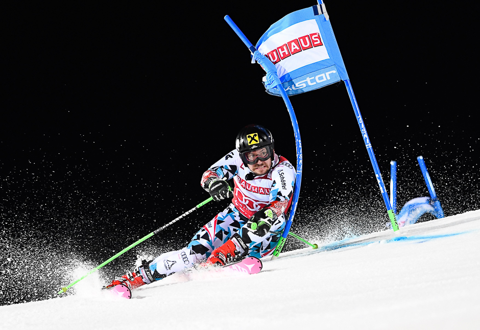 Austria's Marcel Hirscher competes during the FIS Ski World Cup Parallel Slalom city event at Hammarbybacken in Stockholm. PHOTO: AFP