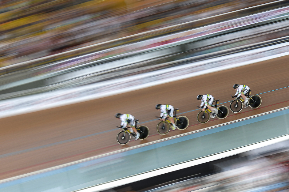 The Australian team competes (and wins the gold medal) in the UCI Cycling World Cup, Women's Team Pursuit final, at Alcides Nieto Patino velodrome. PHOTO: AFP