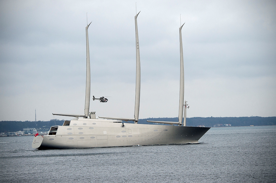 The 142.81 metre sail-assisted motor yacht 'Sailing Yacht A' passes Elsinore, North Sealand, Denmark. With masts of 90 metres, a huge swimming pool and eight storey 'Sailing Yacht A' is the world's largest sailing ship. PHOTO: REUTERS